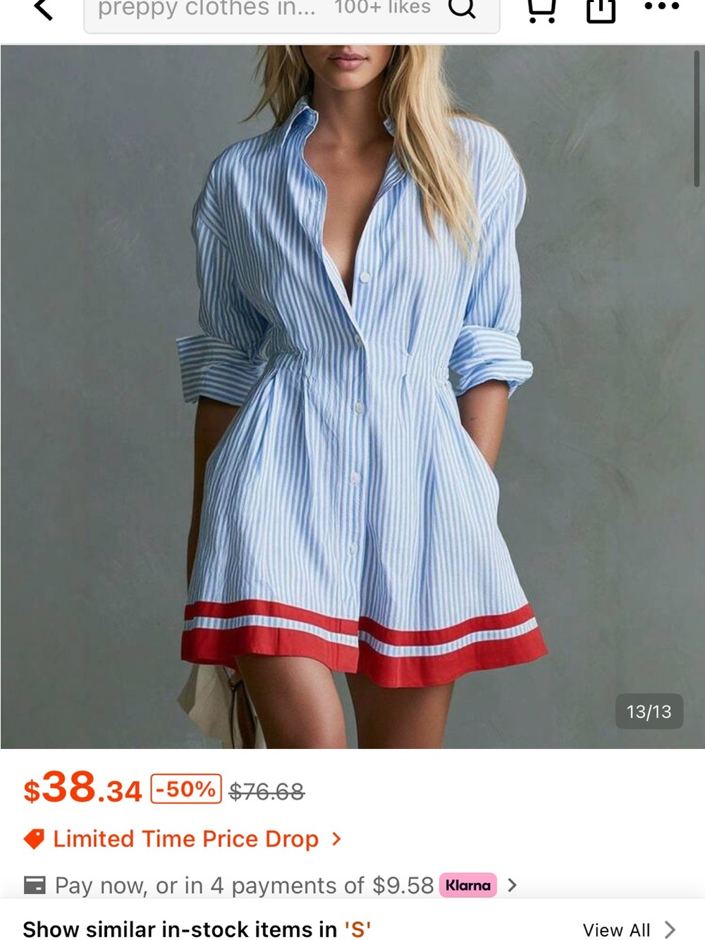 SHEIN Blue & White Striped Shirt Dress with Red Hem